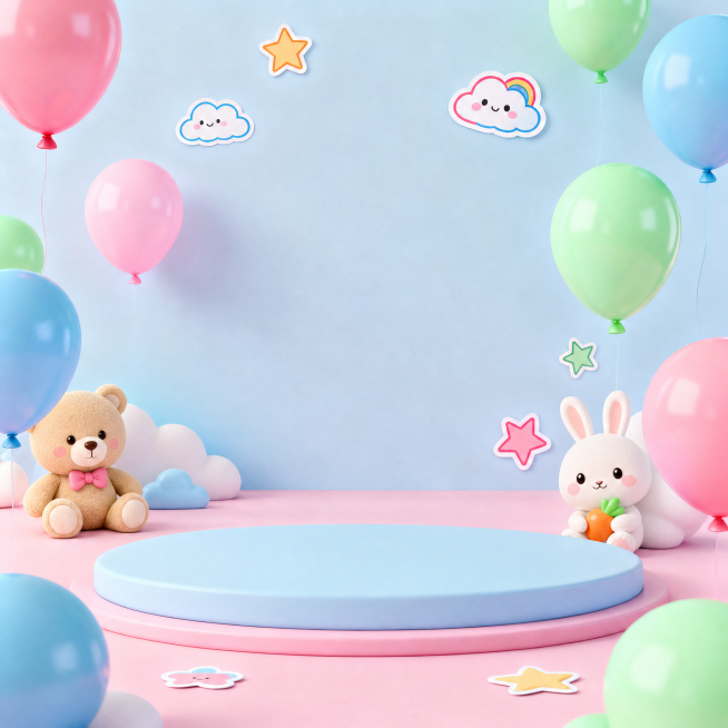 去掉原图片中间的蛋糕，添加一两个3D卡通小熊、兔子或者小人儿元素，保留整体儿童节背景风格，3D效果，粉色蓝色绿色配色，留出中心放置产品的空间，1:1尺寸预览效果