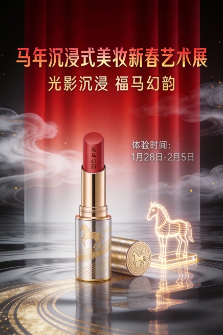 这张马年沉浸式美妆新春艺术展运营海报采用光影艺术国风风，是未来高级与马年祥瑞氛围的融合设计，适配沉浸式美妆展的体验场景。
主体围绕光影美妆装置展开：渐变绯红的光影幕布前，悬浮着带幻金马纹的美妆产品，旁预览效果