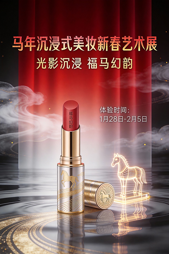 国潮风与鎏金风交融，重拟物设计呈现中式美学，光影流动中展现虚拟现实的梦幻感，喜庆奢华兼具，打造沉浸式新春艺术体验。