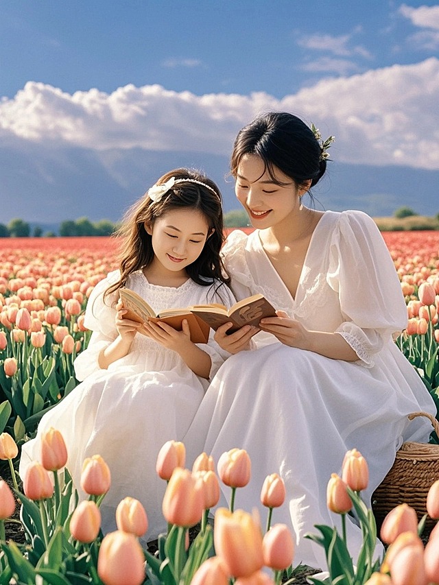 一对母女，在郁金香花海里看书阅读，色调清新，温馨感氛围