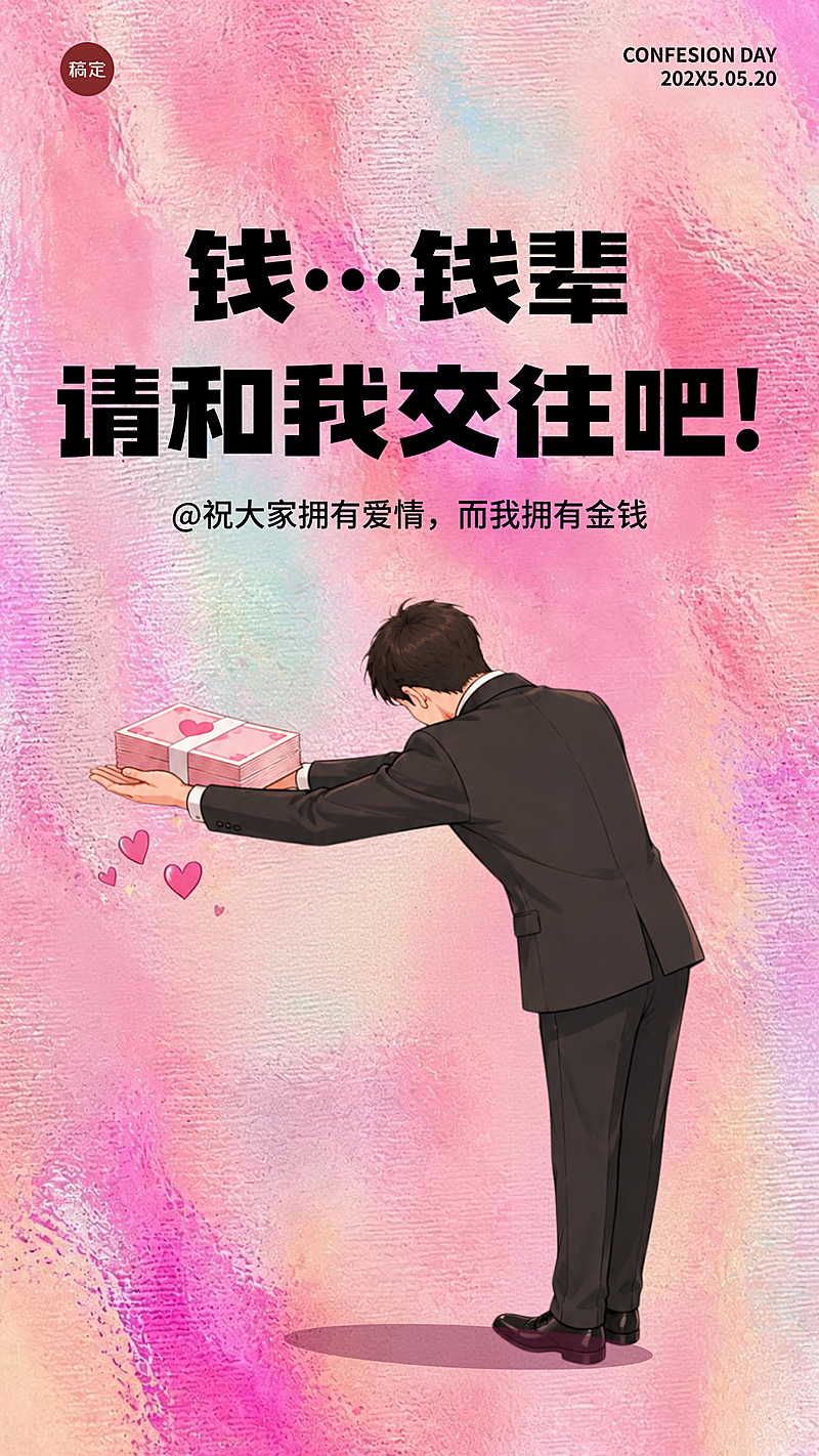 520情人节单身爱自己爱财祝福海报