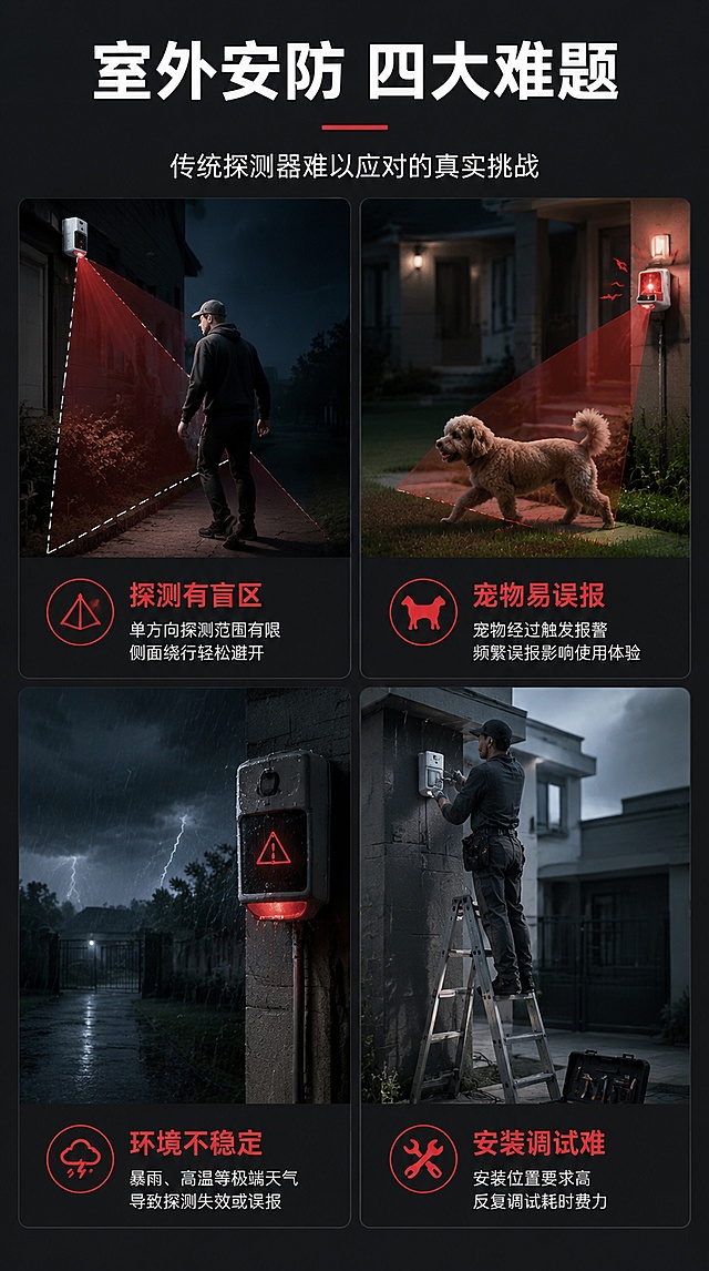 [第2屏] 痛点直击——室外安防探测常见痛点场景。本屏无需产品图，为纯痛点场景说明屏。
[氛围/风格] 写实场景风，偏暗色调，问题感突出，引发用户共鸣，商业摄影质感。
[元素布局] 画面分为上下或左右四个痛点场景区块：左上为传统单方向探测器存在探测盲区示意图（人物从侧面绕过）；右上为宠物经过引发误报（小狗穿过探测区报警灯闪烁）；左下为极端天气下探测失效（暴雨/高温环境设备报错）；右下为安装调试复杂（工人反复爬梯子调试）。每个场景配对应图标与简短痛点描述。
[光影质感] 偏暗写实光影，每个场景独立光源，整体统一冷灰调，突出问题感。
[配色色系] 全局底色深灰#2C2C2C；主色警示红#D9534F；辅助色深灰、白色文字。
[视角构图] 四宫格布局，阅读动线从上到下、从左到右。
[文字版式] 顶部大标题「室外安防 四大难题」，副标题「传统探测器难以应对的真实挑战」；四个宫格各配痛点标题：「探测有盲区」「宠物易误报」「环境不稳定」「安装调试难」，每格下方1-2行小字说明；文字清晰可读，移动端友好。
[比例分辨率] 9:16竖版比例，宽度750px，4K分辨率，文字清晰可辨，高清画质。
[负向提示词] 产品图出现，水印，文字错乱，文字过小，画面杂乱，颜色偏差。