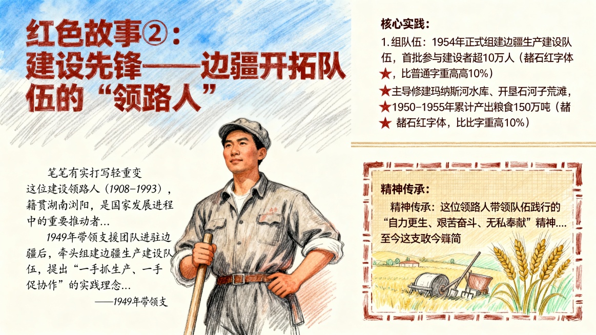 钢笔淡彩与铅笔素描混合风格，米白背景。左侧2/5区域为天空蓝背景，点缀浅灰线条纹理，上方用粗粉笔体、赭石红色书写“红色故事②：建设先锋——边疆开拓队伍的‘领路人’”；下方为钢笔手写体文字（笔触有真实手预览效果