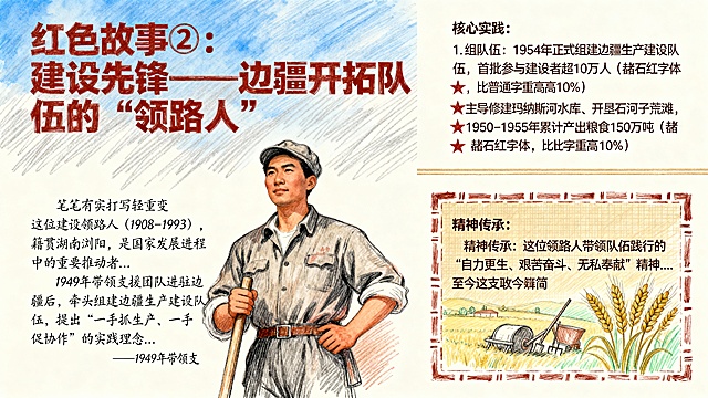 插画风融合水彩与厚涂技法，以浮世绘式构图呈现边疆开拓者形象，大字风标题强化励志感，质朴色调传递热血与故事感，致敬建设先锋的奉献精神。