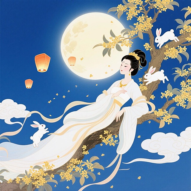 中心是嫦娥依躺在桂花树上，周围有玉兔互动，融入圆月、孔明灯、祥云等中秋元素，背景深蓝色夜空，色彩柔和明亮，营造温暖这中秋氛围