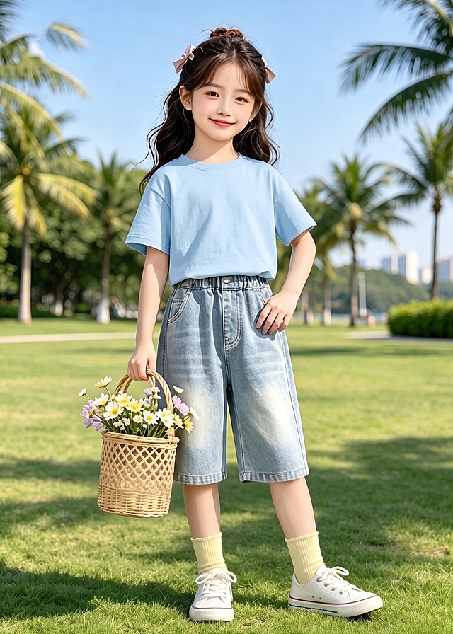 用图1的短袖替换图的2的人物的上身穿的衣服，保留原场景光影，保持图2的人物的下身穿着不变，五官和发型不变，图片宽高尺寸不变，背景不变，模特手上的花篮不变，改变模特的姿势，背景不变。保持图1的短袖的款式和颜色不变