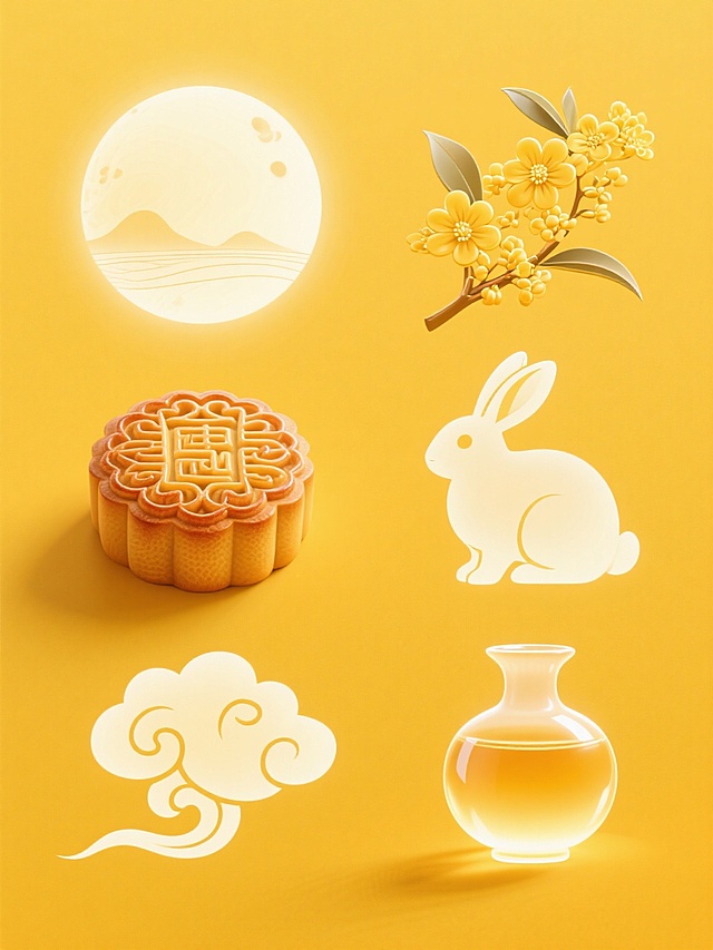 简约现代风格系列素材，纯黄色背景，中央规整排布单一中秋元素，元素边缘清晰，表面有细腻纹理和渐变光影效果，带有柔和的发光质感，无文字无logo无水印：第一张为圆形中秋圆月，月面有细微环形山纹理；第二张为桂花枝，金黄色花瓣层次分明；第三张为广式月饼，表面有传统花纹；第四张为侧面玉兔，长耳朵直立；第五张为飘逸祥云图案；第六张为古风一壶桂花酒，壶身圆润有光泽。