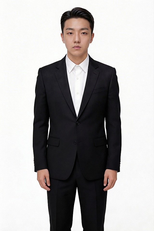 给人物换一个更稳重的短发发型，保留原来的样貌和正装全身照、手臂自然垂直两侧、白色背景的设定