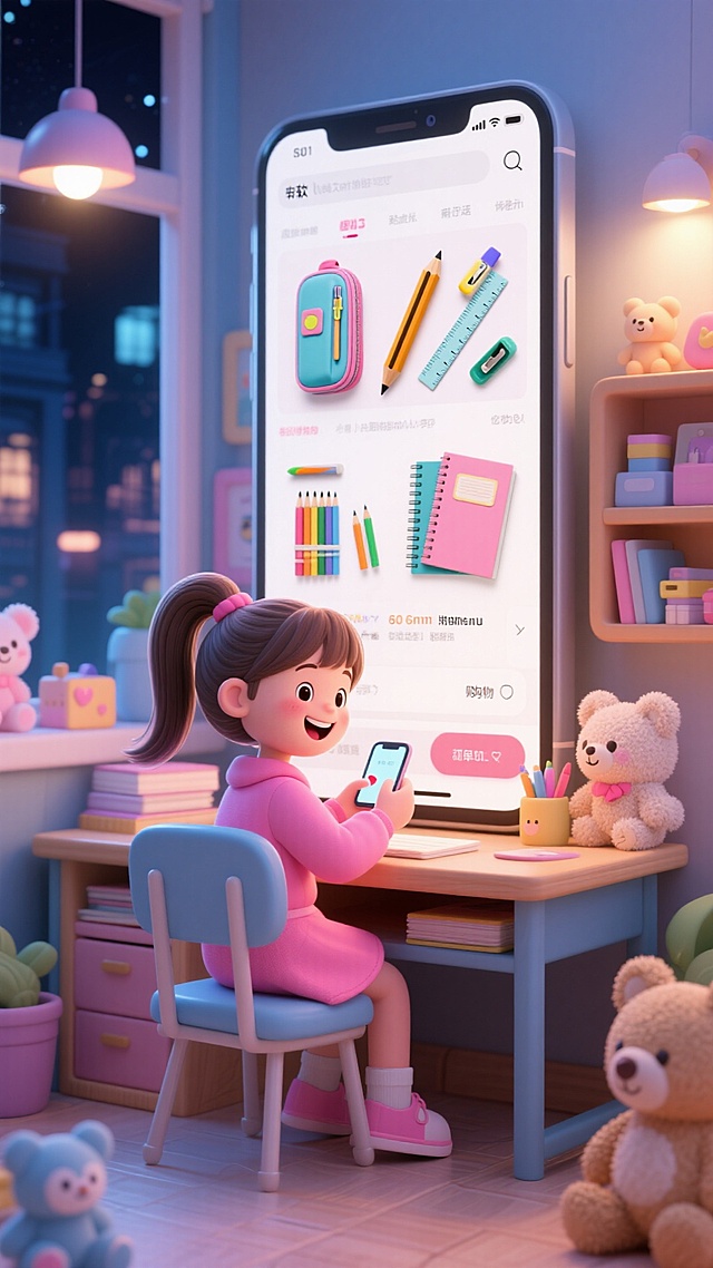 软3D风格的微缩艺术场景，温馨梦幻的儿童房中，小女孩与超大手机互动，粘土质感角色与虚拟现实购物界面结合，营造可爱舒适的节日氛围。