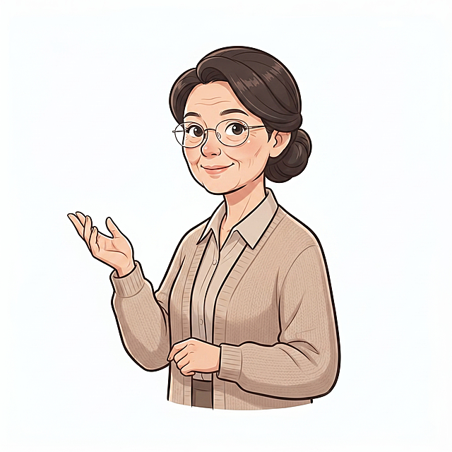 参考提供图片中的卡通插画设计风格，生成一位48岁的中年女老师，盘发造型，戴细框眼镜，穿针织衫，抬手讲解，温和微笑，纯白色背景，年龄在35-50之间