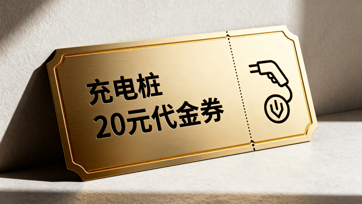 真实质感的充电桩20元代金券，样式精致美观，非漫画风格，券面清晰印有文字“充电桩20元代金券”，整体设计高级真实，光影自然预览效果