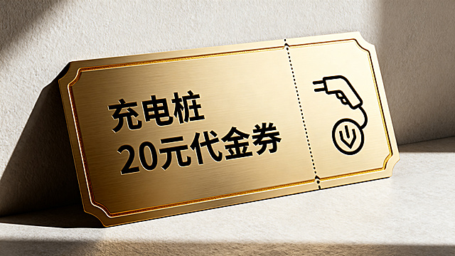 真实质感的充电桩20元代金券，样式精致美观，非漫画风格，券面清晰印有文字“充电桩20元代金券”，整体设计高级真实，光影自然