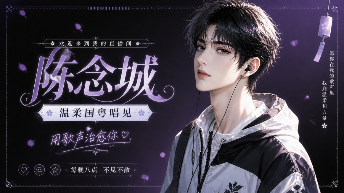 去掉图1麦克风，将背景改为参考图2同款黑色简约渐变风格，保留原有排版布局，把参考图的粉色元素全部替换为紫色，保留图1原有文字和人物，保持二次元风格，16:9比例，2K分辨率预览效果