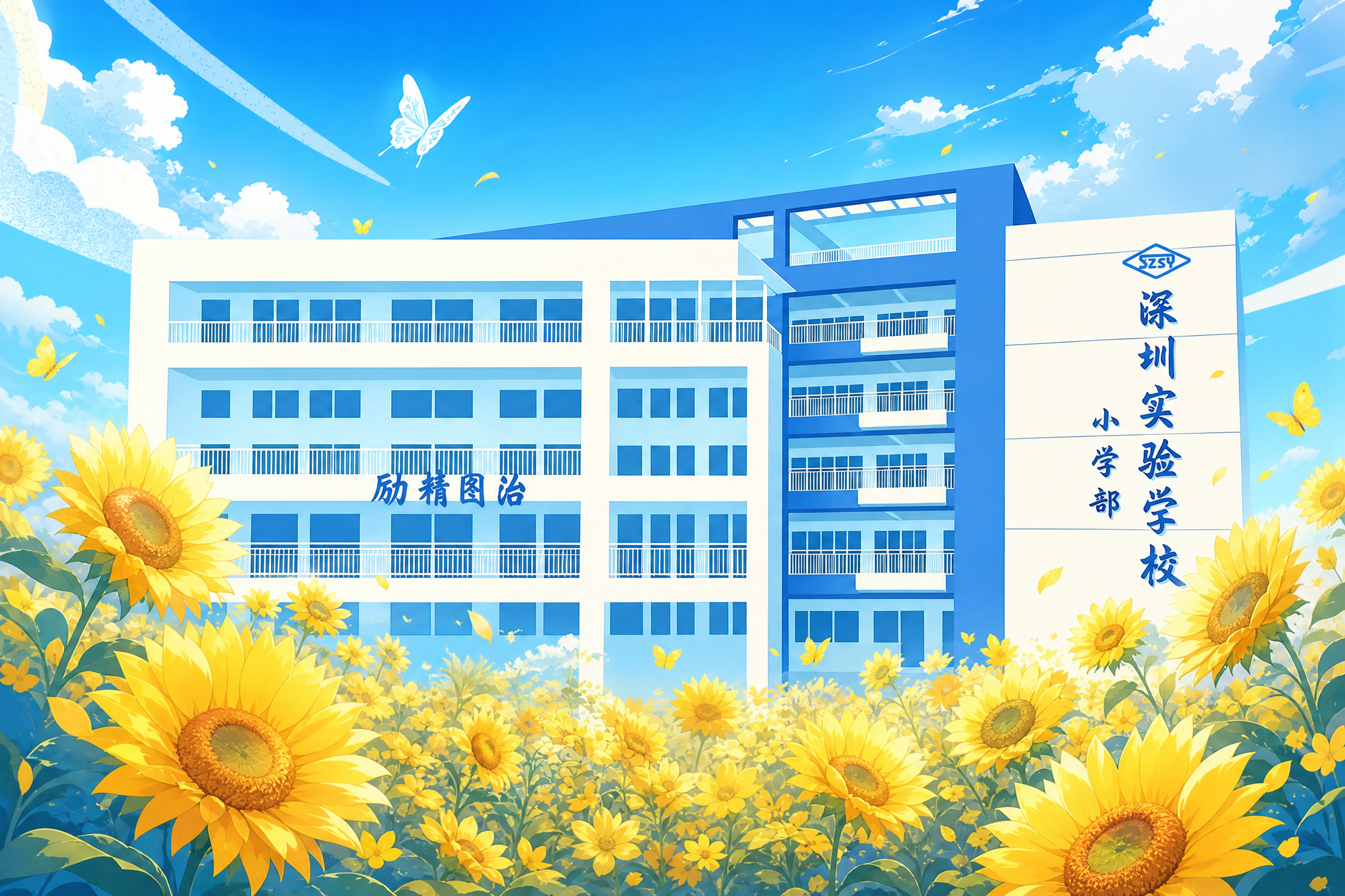 以第二张扁平化卡通风格的深圳实验学校小学部教学楼为主图，保留建… - 图片创意预览