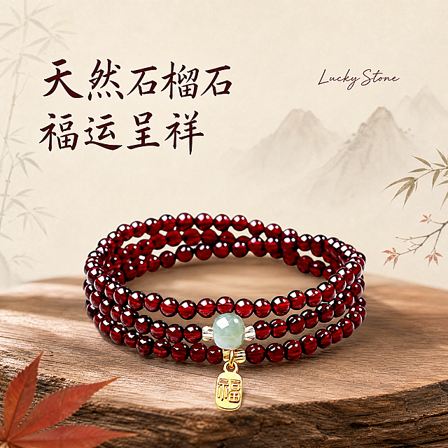[单张主图] 天然石榴石多圈福运手串，高级氛围感国风主图。
[画面主体] 保持石榴石手串的珠子颜色、大小、排列、玉石隔珠和福字吊牌的外观（颜色、材质、物理结构）与输入产品图保持绝对一致，杜绝任何变形和色差，精细化精修处理，去除灰尘杂质，珠子通透干净，金属和玉石质感真实自然。手串居中放置，占画面比例约50%。
[构图版式] 使用中轴诗意氛围型，顶部保留自然留白，产品居中略下，主标题置于产品左上方留白区域，两侧浅淡国风装饰元素。
[场景元素] 背景为浅米色宣纸底，搭配浅淡的水墨竹影远山，低饱和度柔和古风，手串放置在浅棕色原木台面之上，角落点缀一片干燥的红枫叶。背景元素浅淡朦胧不抢产品主体。
[文案版式] 左上自然留白，主标题分两行：天然石榴石，福运呈祥。右上角加小号英文手写装饰 "Lucky Stone"。字色使用深酒红与背景形成清晰对比，字体选择细楷书法风格，主标题字号较大，英文装饰字号小。文字放置在留白区域，绝对不遮挡产品主体。
[光影质感] 主光为柔和的左侧自然窗光，温润通透，右侧浅阴影衬托轮廓，珠子和金属件有柔和高光，玉石有自然通透光泽，整体画面干净高级，景深较浅，背景虚化突出主体。商业摄影质感，产品清晰真实，通透干净。
[配色字体] 主色调为低饱和米白浅棕，辅助色为酒红石榴色呼应产品，书法字体细楷自然，字重轻而清晰。
[比例分辨率] 1:1 比例，2k 分辨率，文字清晰可辨，画面超高清。
[负向提示词] 变形，水印，错字，糊字，伪 Logo，主体遮挡，背景杂乱，低清晰度，错误结构，文字模糊，文字压产品，现代字体，强烈色彩。