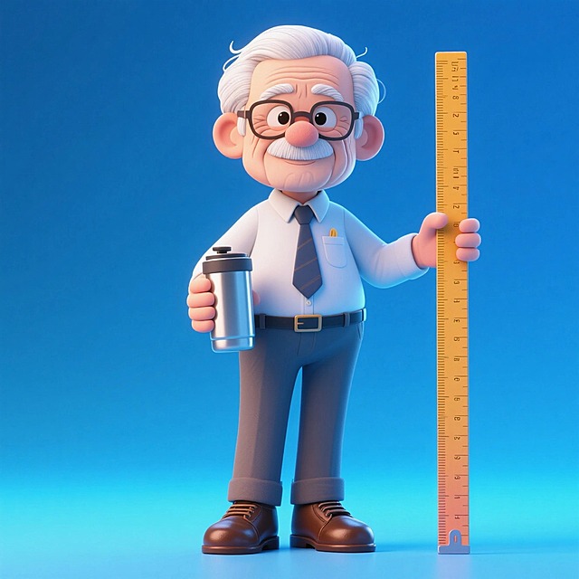 老年男教师（拿保温杯和尺子，穿皮鞋），全身，元素完整。蓝色渐变背景