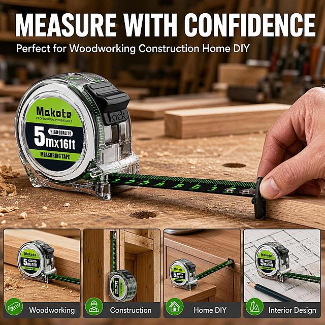 Amazon listing infographic main image - application scenarios and usage. Professional industrial style, warm wood workshop background with shallow depth of field. The Makote transparent measuring tape is placed on a wooden workbench, tape extended horizontally as if being used for measurement. Keep product appearance identical to input image. A partial view of a Caucasian male hand (only hand visible, no face) holding the tape hook end against a wooden plank, demonstrating real usage. Top area has bold headline: 'MEASURE WITH CONFIDENCE' in large white bold sans-serif font. Below headline: subtitle 'Perfect for Woodworking Construction Home DIY'. Bottom section has a 4-grid layout showing different application scenarios as small thumbnail images with labels: 1) 'Woodworking' - tape on lumber, 2) 'Construction' - tape on wall frame, 3) 'Home DIY' - tape on furniture, 4) 'Interior Design' - tape on floor plan. Each grid has a small green icon. Color palette: warm wood tones as background, dark gray text areas, green accent color, white text. Commercial photography quality, natural workshop lighting, realistic shadows on the workbench. All text in English only. 1:1 square ratio. Negative: deformed hand, extra fingers, distorted product, Chinese characters, watermarks, Asian face, full body shot, cluttered workshop.