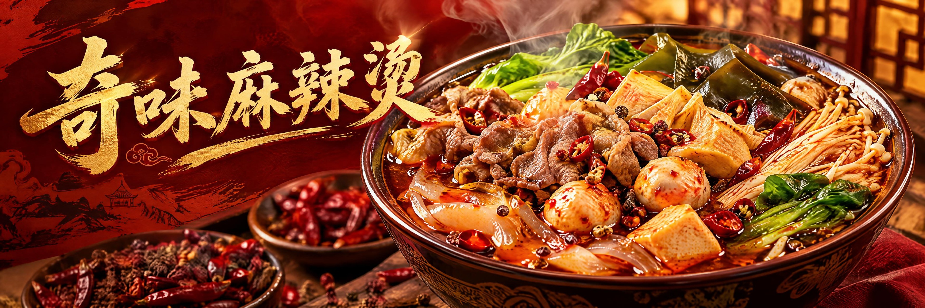 麻辣烫美食海报设计，横版长幅构图。画面主体是一大碗丰盛的麻辣烫… - 图片创意预览