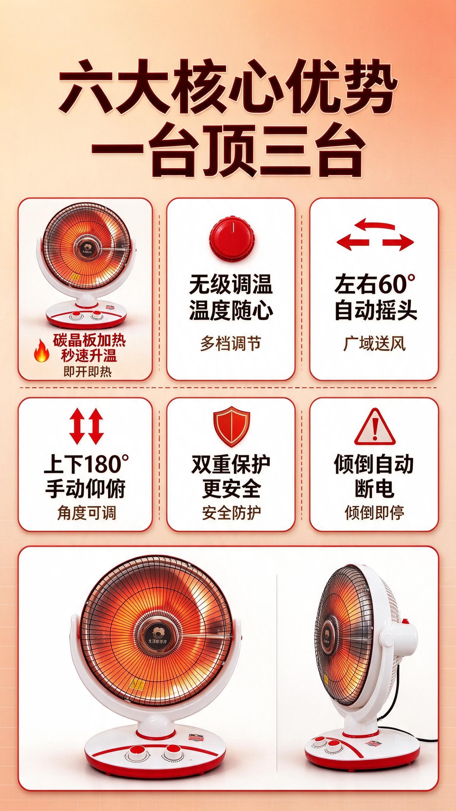 [商品] 使用【图1】红白配色台式小太阳取暖器；保留圆形碳晶加… - 图片创意预览