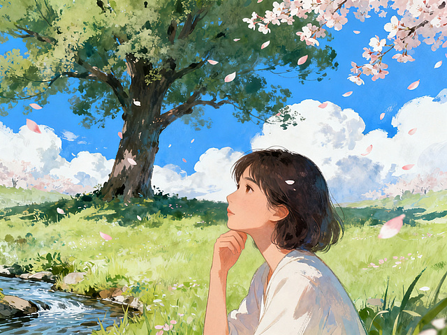 水彩风插画，少女静坐溪畔，樱花纷飞，绿意盎然，光影柔和，充满春日清新与梦幻诗意。