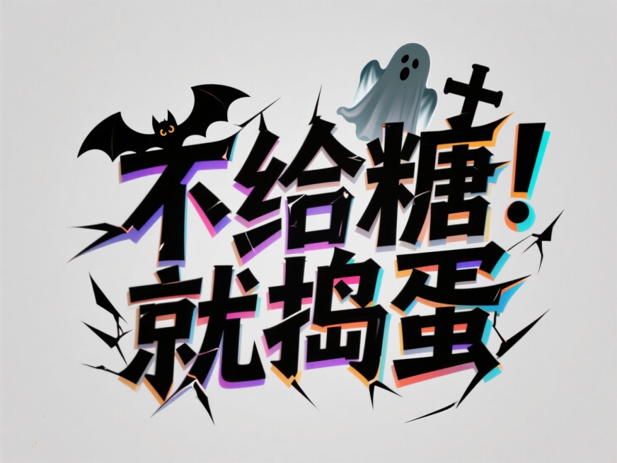 "不给糖就捣蛋"。创意惊悚字体设计，蝙蝠、幽灵、十字架等万圣节元素嵌入字体，纯色背景。预览效果