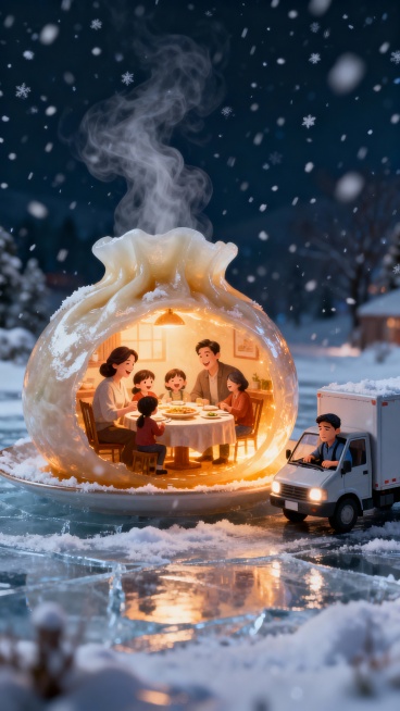 3D miniature style illustration, a gigantic translucent tangyuan glowing with warm light, inside the预览效果