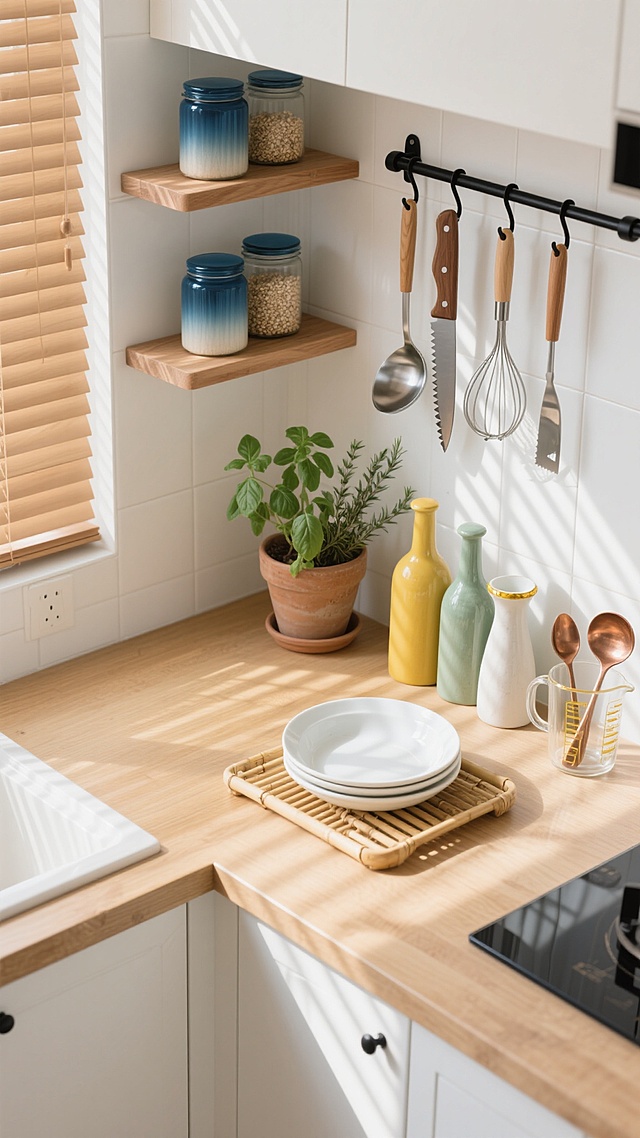 俯视角构图，现代北欧风格厨房转角区域，晨光斜切过哑光白瓷砖墙面形成几何光影图案，浅橡木色台面与嵌入式白色抽屉柜呈L型衔接。右侧墙面安装黑色金属挂杆，悬挂着榉木柄不锈钢厨具（锯齿刀、料理剪、汤勺、滤勺、抹刀）。转角处三层悬浮式原木搁板，左侧摆放渐变蓝玻璃密封罐（藜麦/燕麦/亚麻籽），右侧陈列手工陶瓷调味瓶（芥末黄/薄荷绿/奶白色）。台面上竹制沥水架内斜放着白色骨瓷碗碟，旁边是带金边的玻璃量杯和铜质量勺组，角落的陶土花盆里罗勒与迷迭香正舒展新叶，阳光透过百叶窗在台面上切割出流动的光斑，整体色调保持原木色与白色的纯净基底，点缀植物的生机绿意与陶瓷的低饱和色彩。