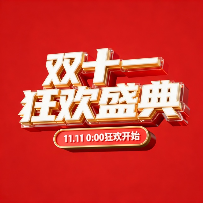 黑色背景，正中央是立体白色字“双十一狂欢盛典”，文字边缘为鎏金色描边，具有三层立体效果：最底层是红色衬底，中间层是玻璃质感的凸描边，顶层是白色字身，下方有一个色框，色框内是白色副标题“雷臣官方旗舰店”预览效果