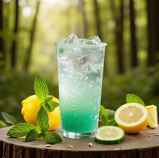 清新玻璃杯中，气泡水与柠檬薄荷交织，简约实景风格，尽显夏日清爽。
