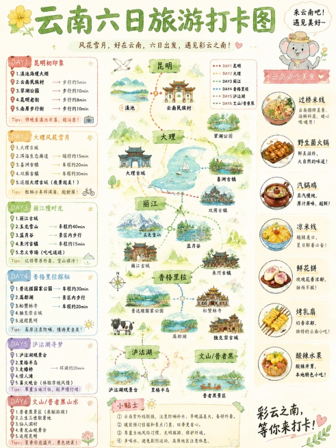 将这份云南旅游打卡攻略从4日游修改为6日游，保留原手绘水彩治愈手账风格，保留分区结构，新增DAY5和DAY6的行程安排，主标题改为"云南六日旅游打卡图"，其余版式、配色、装饰风格保持不变，文字清晰可读预览效果