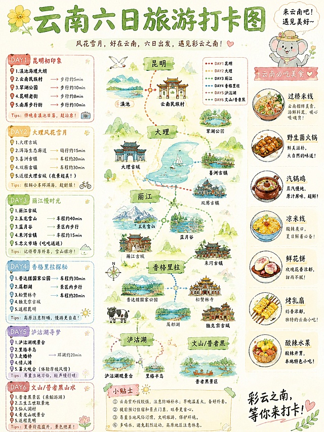 将这份云南旅游打卡攻略从4日游修改为6日游，保留原手绘水彩治愈手账风格，保留分区结构，新增DAY5和DAY6的行程安排，主标题改为"云南六日旅游打卡图"，其余版式、配色、装饰风格保持不变，文字清晰可读，比例保持3:4