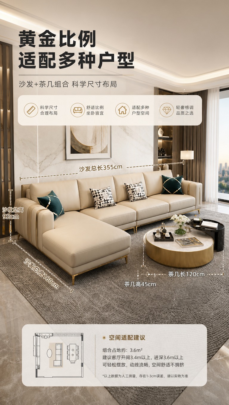 [商品] 使用【图2】浅卡其色头层牛皮L型贵妃沙发和【图1】高… - 图片创意预览