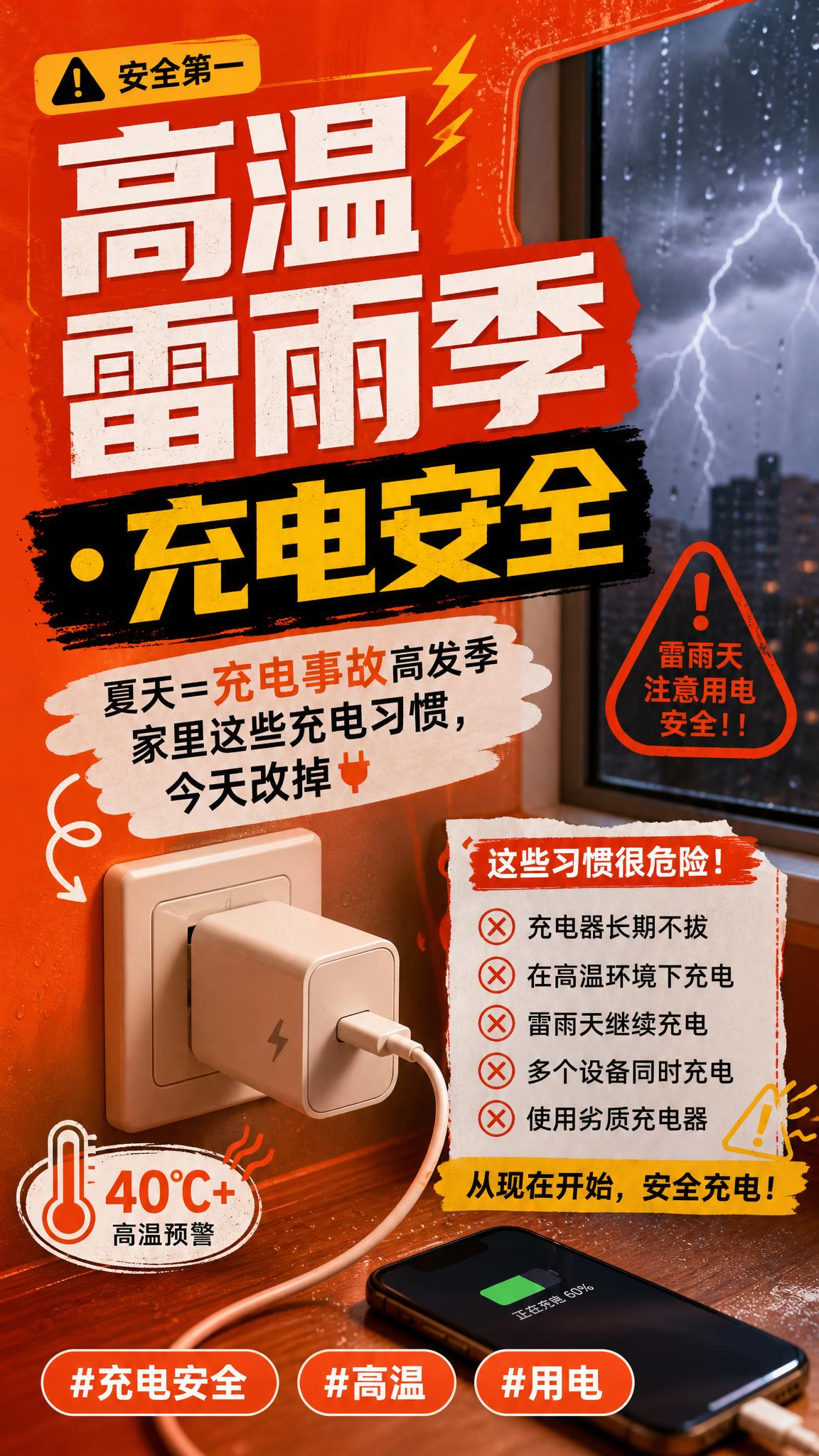 小红书风格封面卡，高温雷雨季充电安全主题，9:16竖版，橙红警… - 图片创意预览