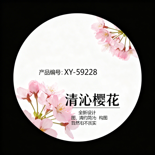 圆形产品标签，真实生活化风格，干净无复杂背景，整体正圆形，搭配真实自然的粉嫩樱花元素，图案清新自然不虚假，清晰标注文字：产品编号"XY-59228"，产品名称"清沁樱花"，更换全新设计构图，清新简约适预览效果