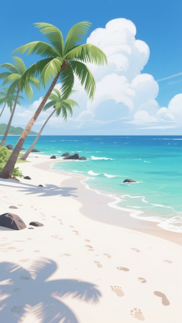 明亮的热带海滩场景，细腻的动画风格插画，纯净的白色沙滩上布满自然的脚印纹理，几棵高大茂盛的绿色椰子树倾斜着生长，宽大的叶片在微风中舒展，远处是层次分明的蓝绿色海水，从近岸的透明浅蓝渐变为深海的靛蓝，海面上点缀着零星的白色浪花，岸边散落着几块深色礁石，天空中漂浮着蓬松的白色积云，整体色调明快清新，充满夏日度假的悠闲氛围，画面构图遵循三分法，沙滩占据前景，海水和天空形成开阔的背景，光影柔和，呈现出……预览效果