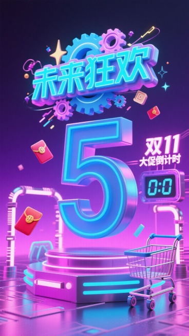 赛博蓝霓虹质感数字 “5”，顶部悬浮 “未来狂欢” 全息标语（缀机械齿轮与流光粒子），搭配 “双11大促倒计时 ”荧光文字，背景用深紫 + 电光粉渐变，穿插全息红包、倒计时霓虹灯管、赛博风格购物车预览效果