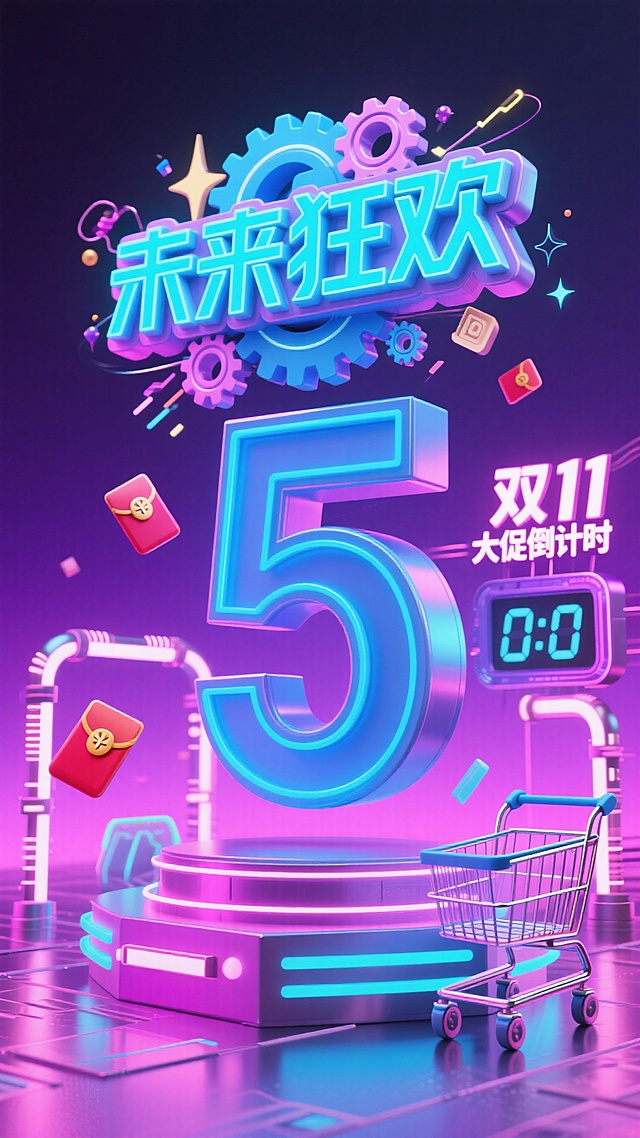 赛博朋克风3D海报，霓虹灯辉映未来狂欢，金属质感与粒子特效交织，购物车与倒计时营造科技促销氛围，梦幻而酷炫。