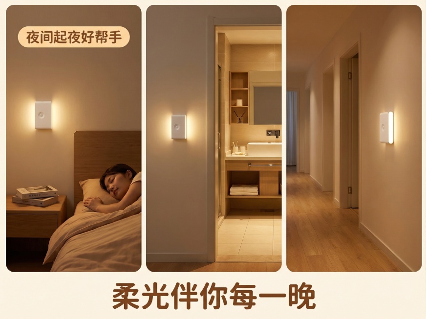基于这张人体感应小夜灯图片，生成阿里巴巴国内站场景使用图，分别展示小夜灯在卧室床头、卫生间门口、走廊墙面的使用场景，营造温馨柔和的夜间氛围，画面暖色调，突出小夜灯的实用便捷，字体使用圆体，搭配文案“夜预览效果