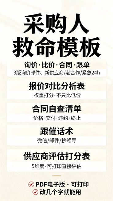 一张竖版的宣传海报，主标题使用最大字号，标题文字是"采购人救命模板"，标题居中。中间部分分区块列出内容：第一区块标题：询价·比价·合同·跟单，下面是3版询价邮件、新供应商 / 老合作 / 紧急24h；预览效果