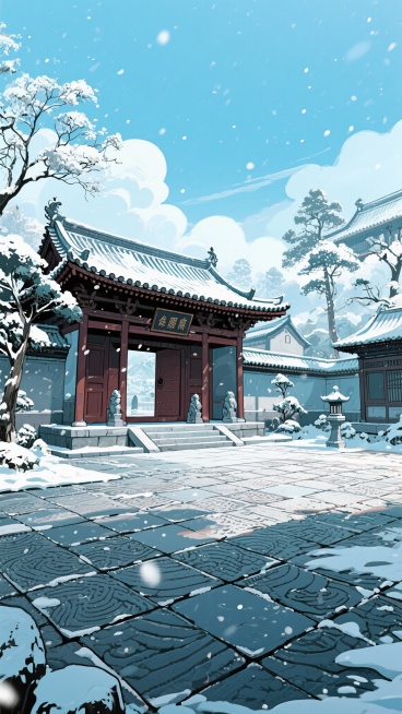 二次元古风，下雪，正面特写官府大门，地板，树，凹凸地板，房子，雾气，云，浅蓝色，细节丰富，元素多样，9:16,不要人物，生成2张预览效果