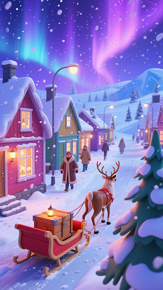 全景构图，主视觉是驯鹿拉着红棕皮毛雪橇（载着暖灯木箱），穿行于北欧小镇。彩色木屋覆雪，窗透暖光列于两侧，雪地行人裹厚裘，右下角立覆雪冷杉。背景是极光染紫的夜空与冰封荒原，碎雪纷飞，蓝紫 + 雪白配色，奇幻凛冽。