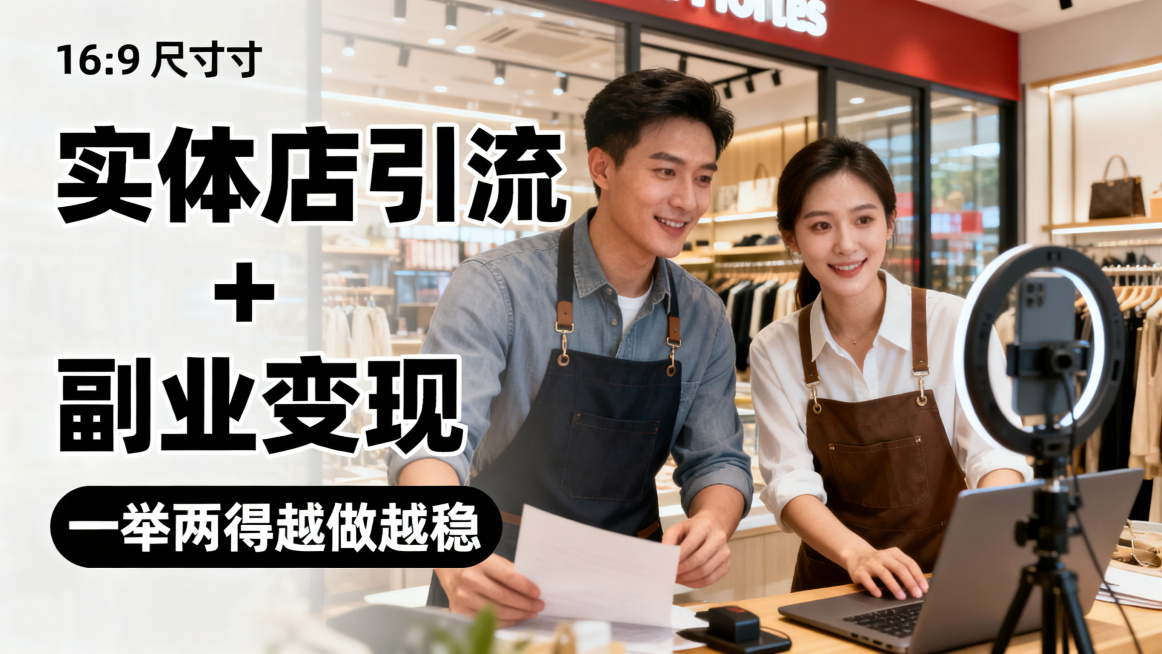 16:9尺寸海报，主标题:"实体店引流 + 副业变现"，副标题:"一举两得越做越稳"，使用黑体字体，背景为线下零售店门店搭配线上直播带货画面，男女店主共同经营形象，现代创业风格，主副标题分明预览效果