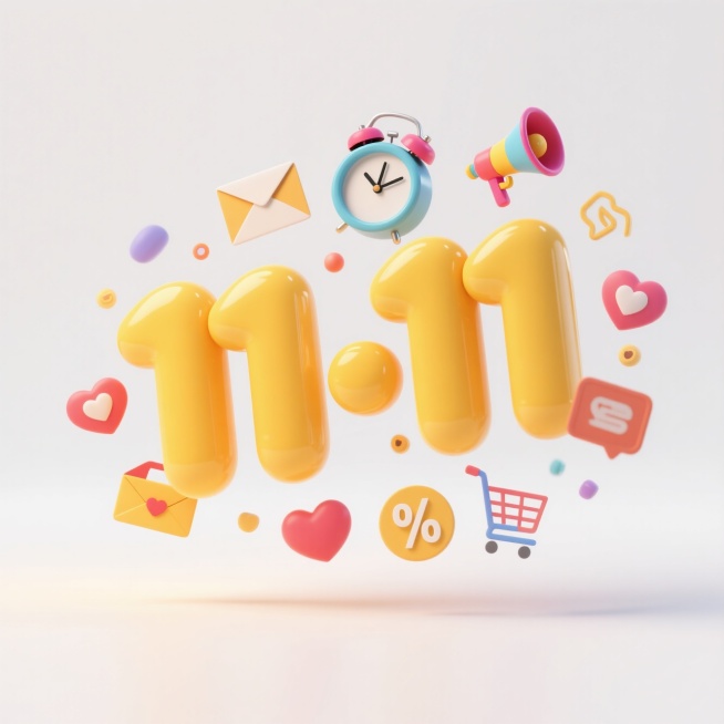 一个促销感的黄色“11·11”造型，漂浮着喇叭、时钟、信封、爱心、购物车、折扣标识等彩色装饰元素，周围小元素呈径向分布，前景干净，背景白色预览效果