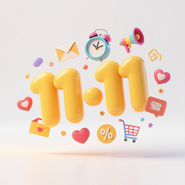 一个促销感的黄色“11·11”造型，漂浮着喇叭、时钟、信封、爱心、购物车、折扣标识等彩色装饰元素，周围小元素呈径向分布，前景干净，背景白色