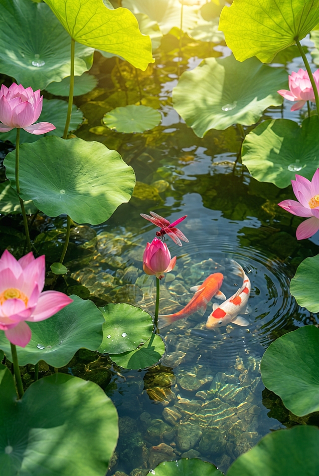 画面是竖版、夏天的阳光照耀在水面荷叶上、2条锦鲤水中游、小荷上面一只红色的蜻蜓