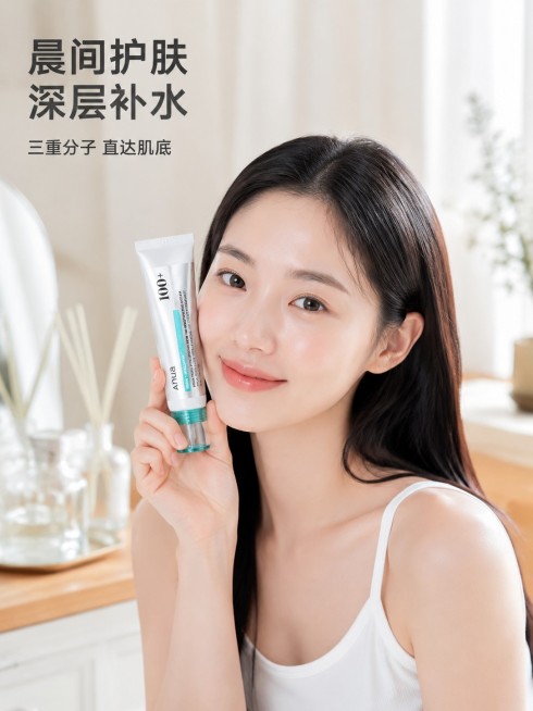 [主图-5] ANUA PDRN透明质酸保湿霜真人场景使用主图。
[氛围风格] 韩系ins风，生活化氛围感，舒适放松
[画质] 高清生活摄影，质感自然，光线柔和
[元素] 年轻韩系美女，素颜干净妆容，预览效果