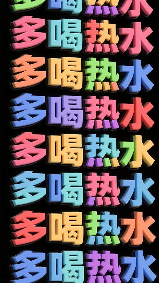 3D立体大字风，彩色塑料质感，波普艺术风格，重复排列“多喝热水”，视觉冲击力强，节日氛围活泼。