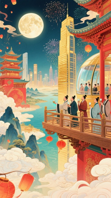 一侧，古代木质观景台，古代文人聚此，举着酒樽、凭栏望圆月、山河；另一侧，现代摩天楼高空观景舱，现代游客透过全景玻璃，赏烟花，背景古楼阁与城市高楼相融合，明月照。整体画面充斥着华丽的金色和喜庆的红色，奇预览效果