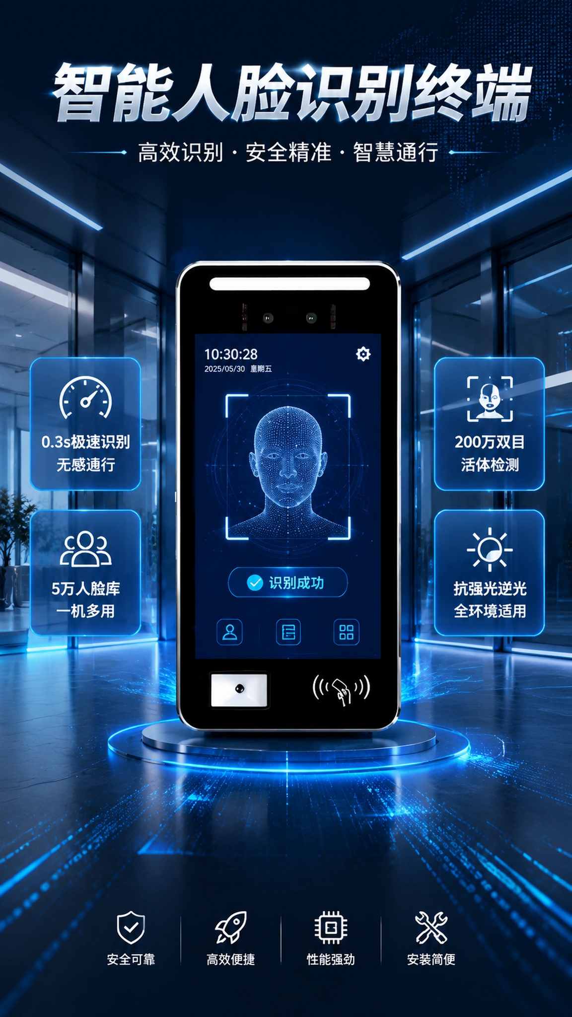 人脸识别门禁考勤机产品宣传海报，竖版9:16。画面中央偏上是人… - 图片创意预览