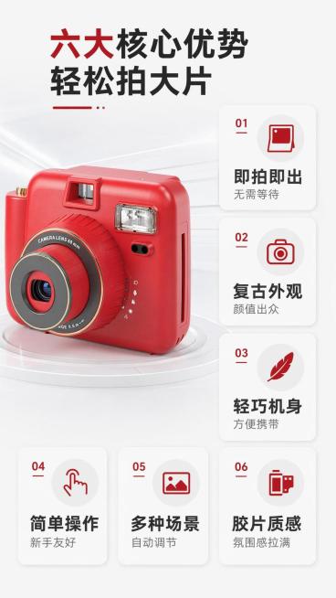 [第3屏] 核心卖点总览屏，展示红色一次成像拍立得相机六大核心优势。本屏使用【图1】作为商品主体展示。
[氛围/风格] 简约科技风，图文结合清晰展示，商业设计质感。
[元素布局] 左侧大图展示【图1】预览效果